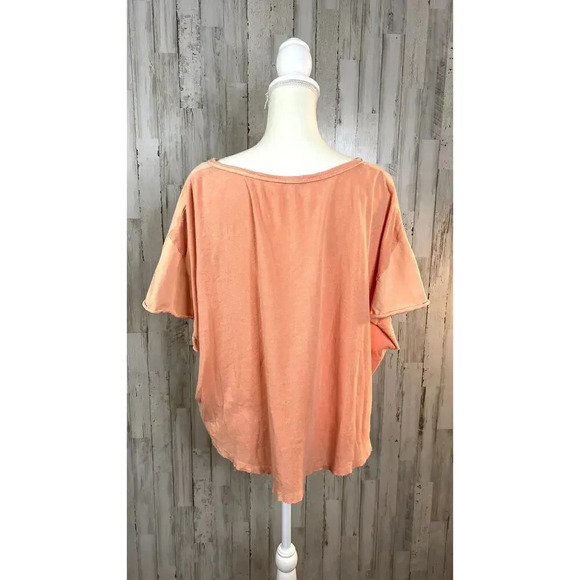 Free People Women's Medium‎ Girl Talk Ruffle Linen Blend Top Sunny Peach Blouse - Picture 5 of 6